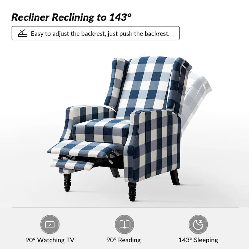 Mid-Century Modern Manual Pushback Recliner with Wingback Design