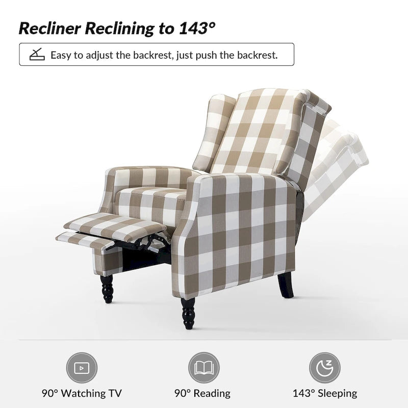 Mid-Century Modern Manual Pushback Recliner with Wingback Design