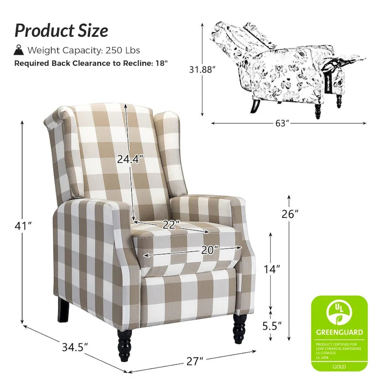 Mid-Century Modern Manual Pushback Recliner with Wingback Design