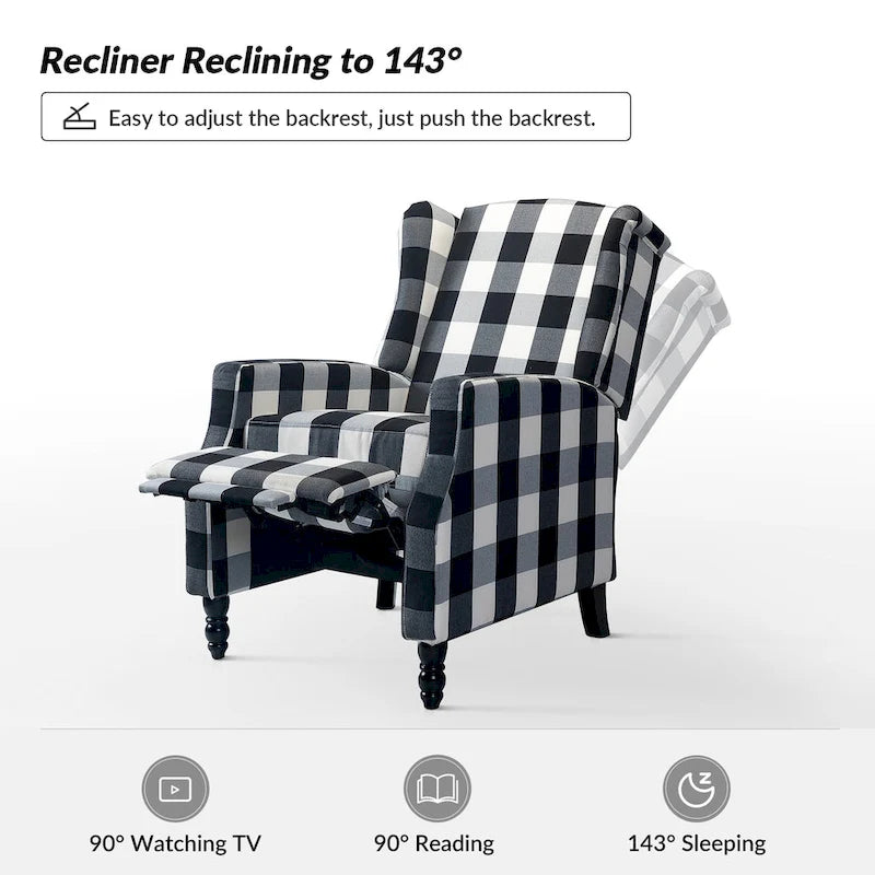 Mid-Century Modern Manual Pushback Recliner with Wingback Design