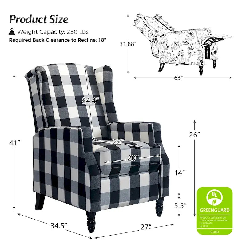 Mid-Century Modern Manual Pushback Recliner with Wingback Design
