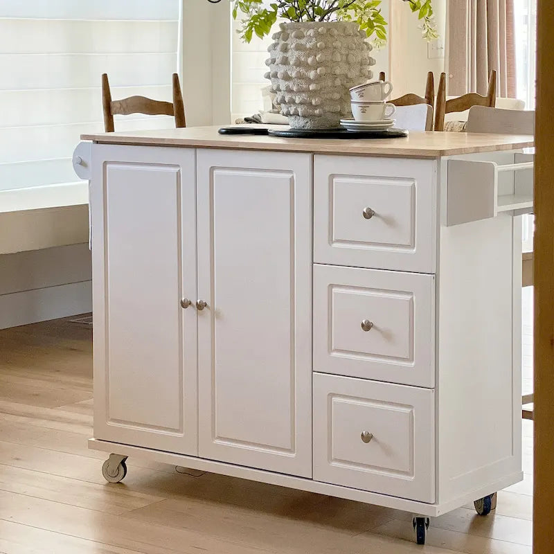 Sophia & William Kitchen Island Cart with Drop-Leaf and Rubber Wood Top, Rolling Kitchen Trolley Cart with Large Storage Cabinet