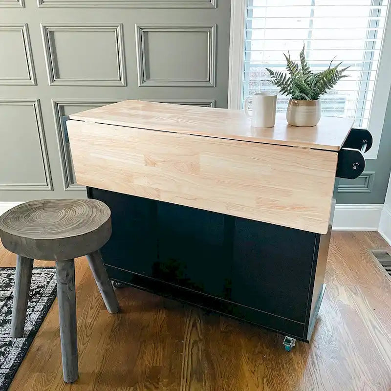 Kitchen Island Cart with Drop-Leaf and Rubber Wood Top, Rolling Kitchen Trolley Cart with Large Storage Cabinet