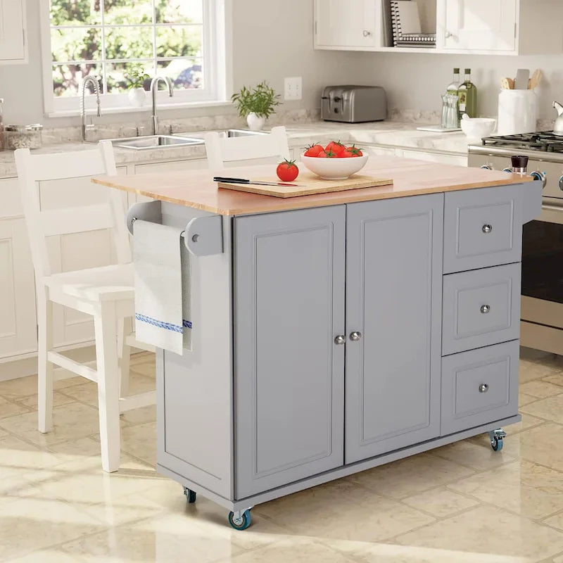 Kitchen Island Cart with Drop-Leaf and Rubber Wood Top, Rolling Kitchen Trolley Cart with Large Storage Cabinet