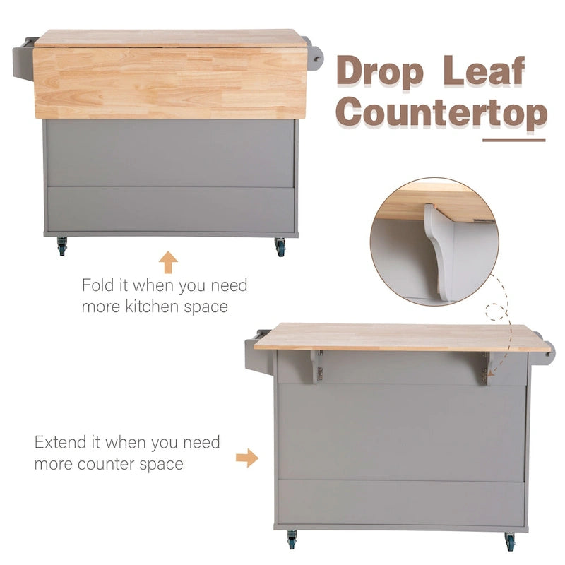 Kitchen Island Cart with Drop-Leaf and Rubber Wood Top, Rolling Kitchen Trolley Cart with Large Storage Cabinet