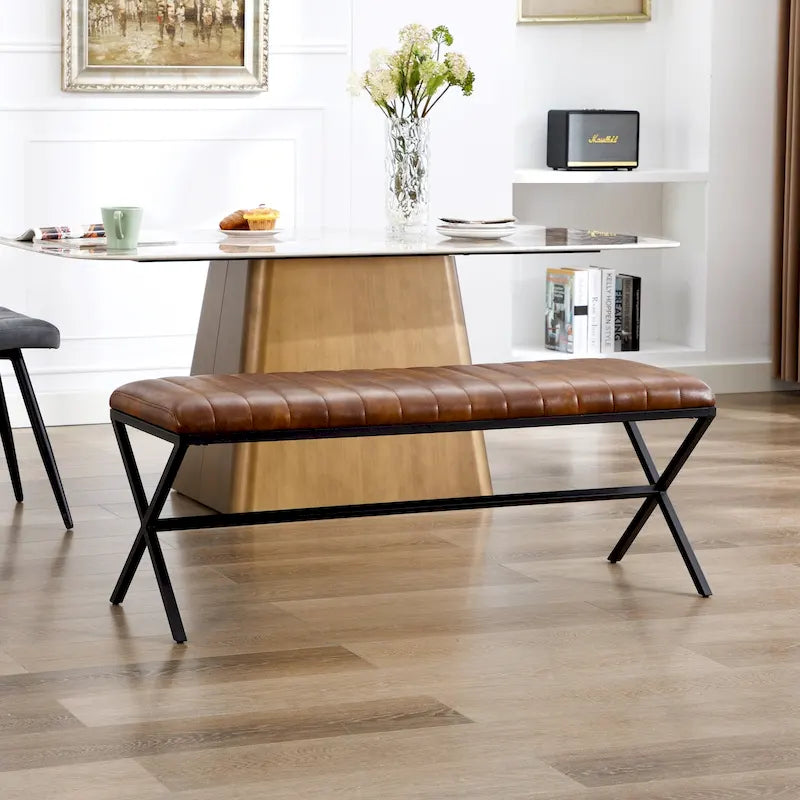 Tufted Faux Leather 46.5 Length Upholstered Dining Bench with Metal X Legs