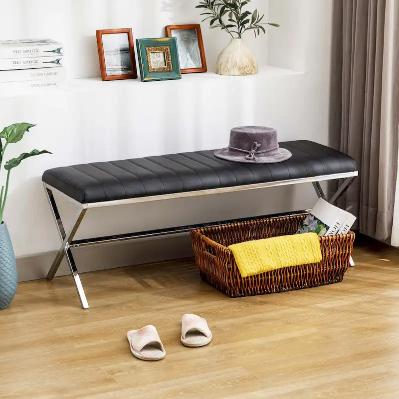 Tufted Faux Leather 46.5 Length Upholstered Dining Bench with Metal X Legs