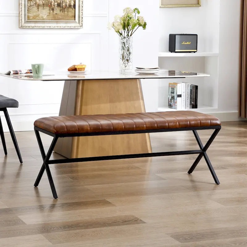 Tufted Faux Leather 46.5 Length Upholstered Dining Bench with Metal X Legs