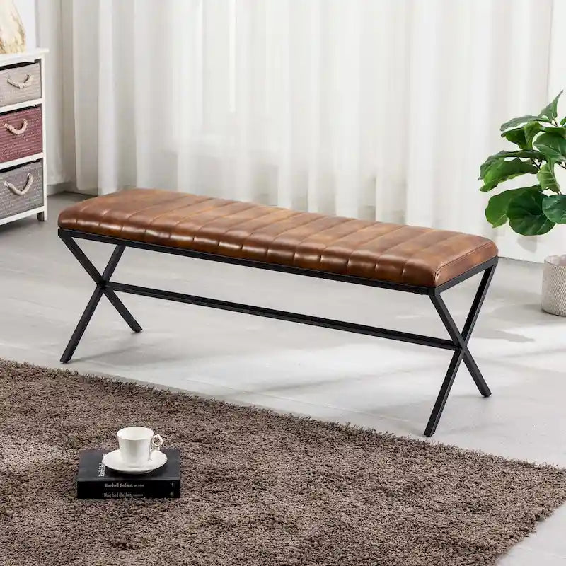 Tufted Faux Leather 46.5 Length Upholstered Dining Bench with Metal X Legs