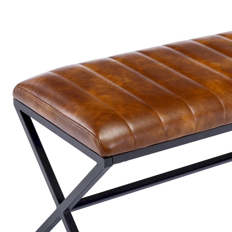 Tufted Faux Leather 46.5 Length Upholstered Dining Bench with Metal X Legs