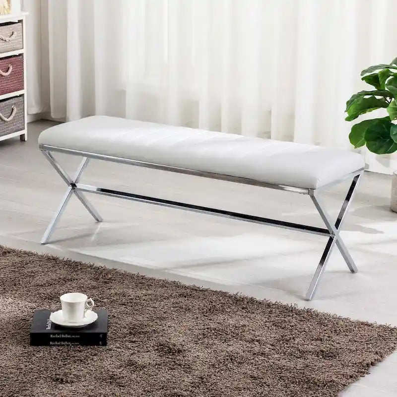 Tufted Faux Leather 46.5 Length Upholstered Dining Bench with Metal X Legs