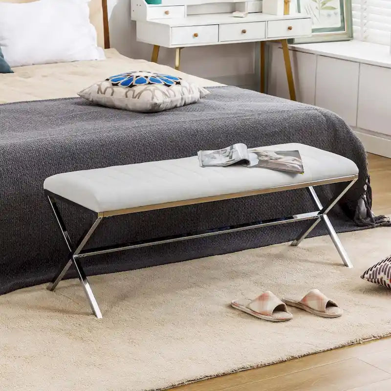 Tufted Faux Leather 46.5 Length Upholstered Dining Bench with Metal X Legs