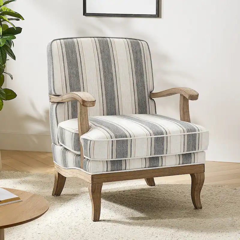 Farmhouse Polyester Armchair with Solid Wood Legs