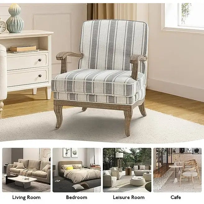 Farmhouse Polyester Armchair with Solid Wood Legs