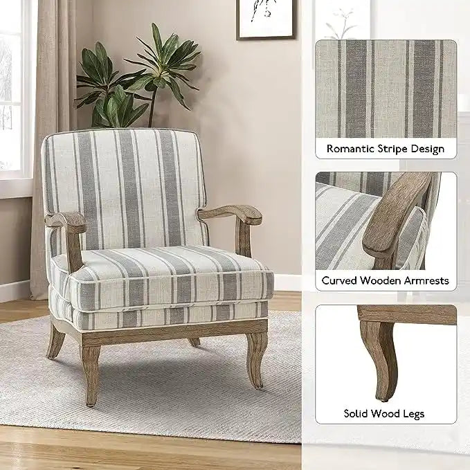 Farmhouse Polyester Armchair with Solid Wood Legs