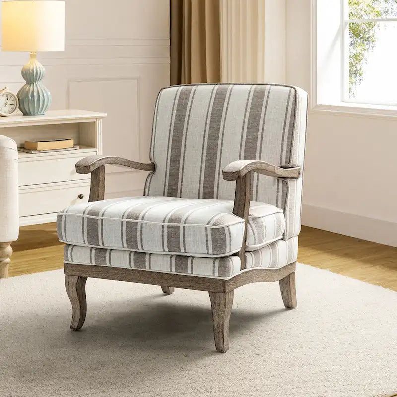 Farmhouse Polyester Armchair with Solid Wood Legs