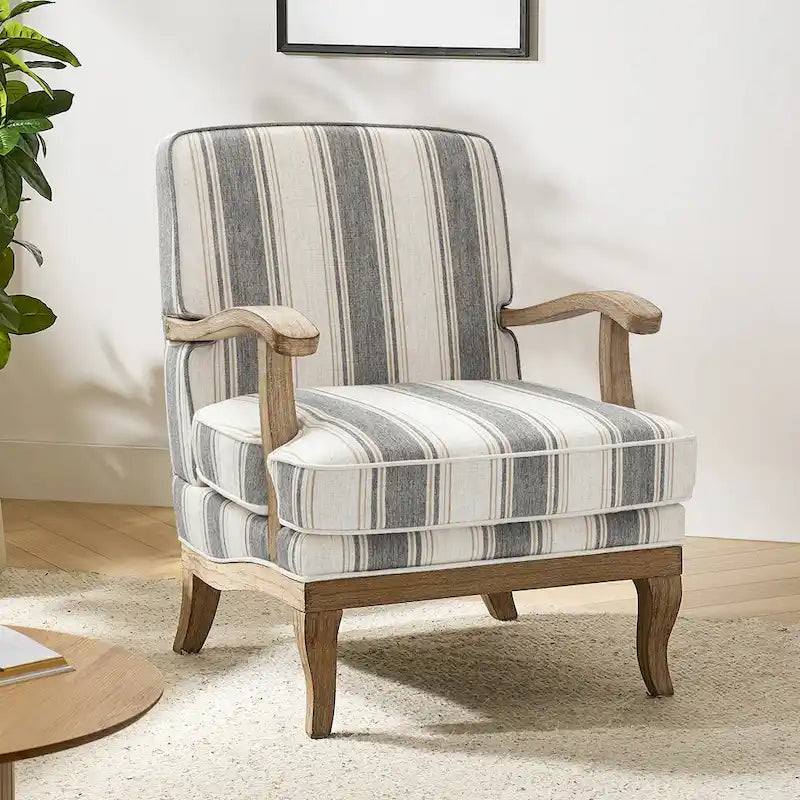Farmhouse Polyester Armchair with Solid Wood Legs