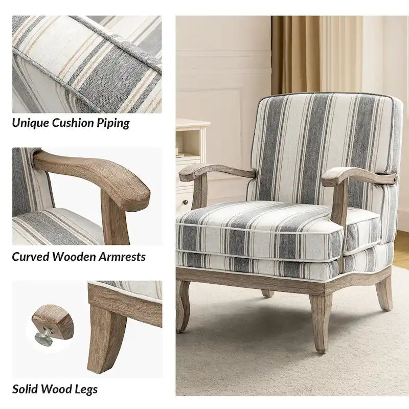 Farmhouse Polyester Armchair with Solid Wood Legs