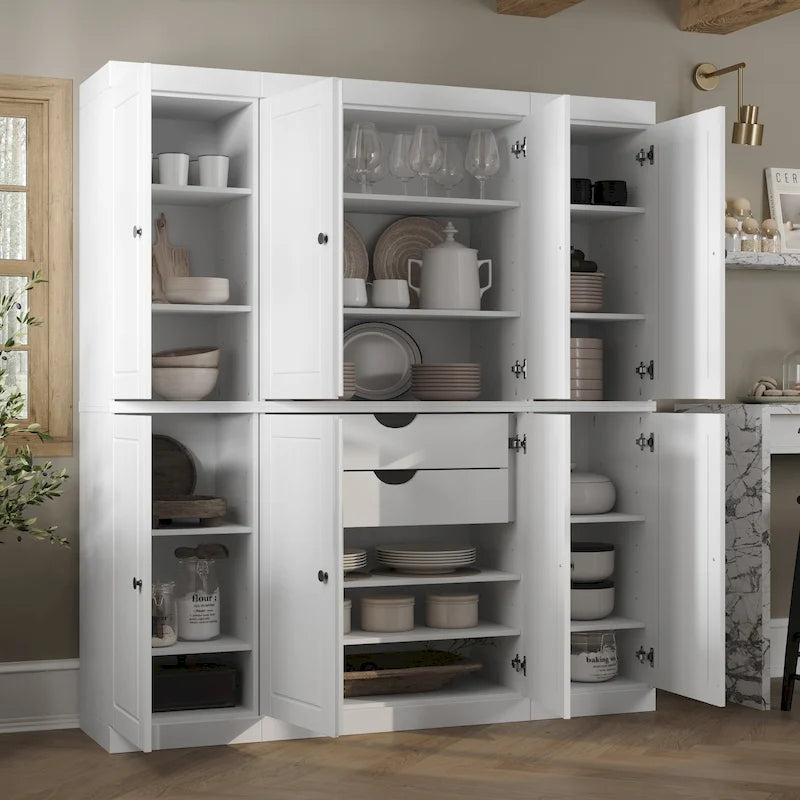 100% Solid Wood Kitchen China Pantry Buffet with Glass or Solid Wood Doors and 2-Drawer Kit 65 x 71.5