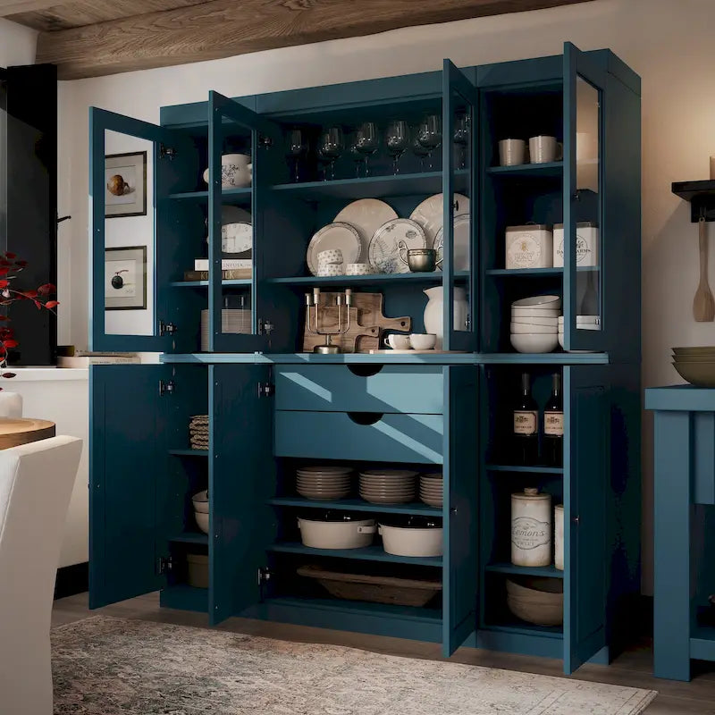 100% Solid Wood Kitchen China Pantry Buffet with Glass or Solid Wood Doors and 2-Drawer Kit 65 x 71.5