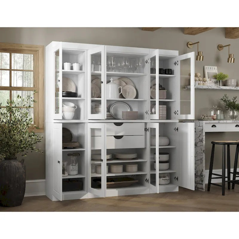 100% Solid Wood Kitchen China Pantry Buffet with Glass or Solid Wood Doors and 2-Drawer Kit 65 x 71.5