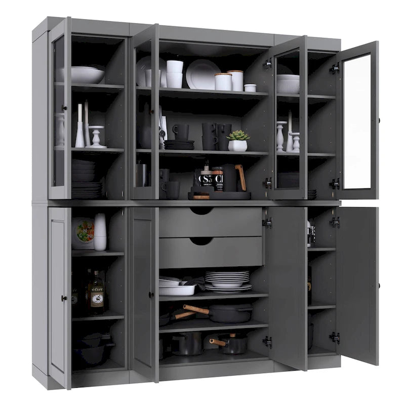 100% Solid Wood Kitchen China Pantry Buffet with Glass or Solid Wood Doors and 2-Drawer Kit 65 x 71.5