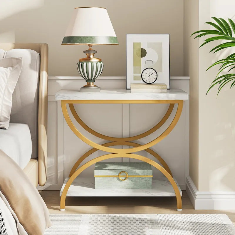 23-Inch Rectangular End Side Accent Table with 2-Tier and Stylish Metal Frame for Bedroom Nightstand Bedside Table Sofa Side