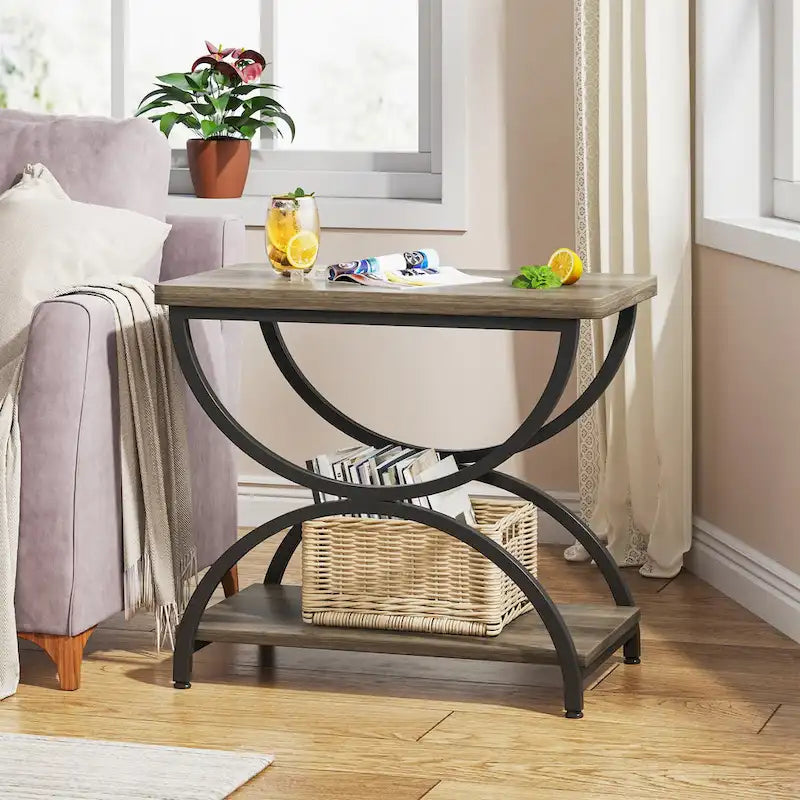 23-Inch Rectangular End Side Accent Table with 2-Tier and Stylish Metal Frame for Bedroom Nightstand Bedside Table Sofa Side