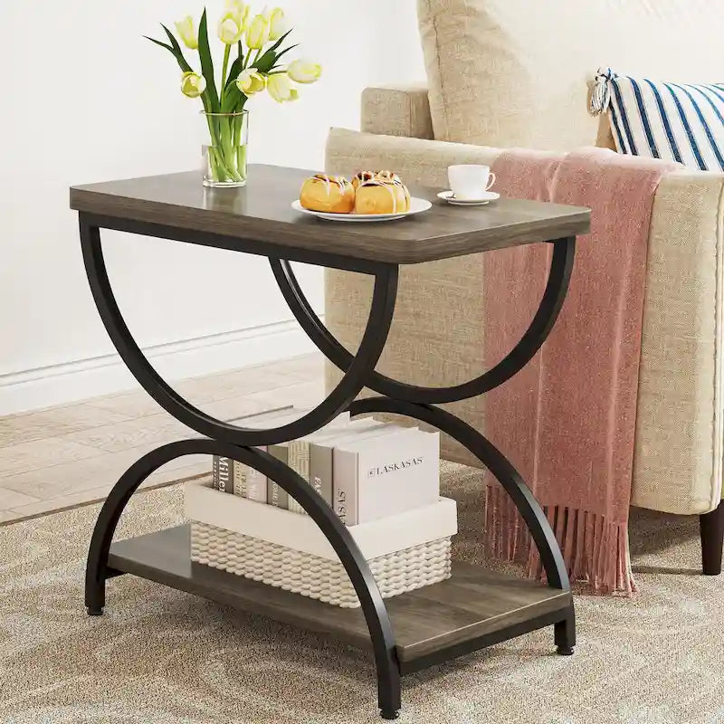 23-Inch Rectangular End Side Accent Table with 2-Tier and Stylish Metal Frame for Bedroom Nightstand Bedside Table Sofa Side