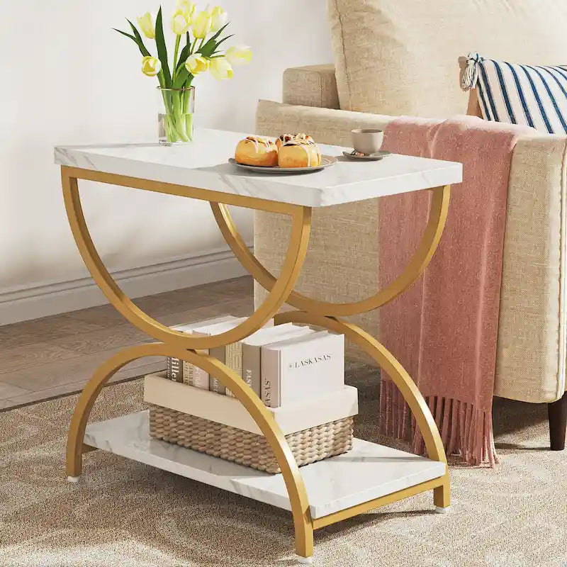 23-Inch Rectangular End Side Accent Table with 2-Tier and Stylish Metal Frame for Bedroom Nightstand Bedside Table Sofa Side