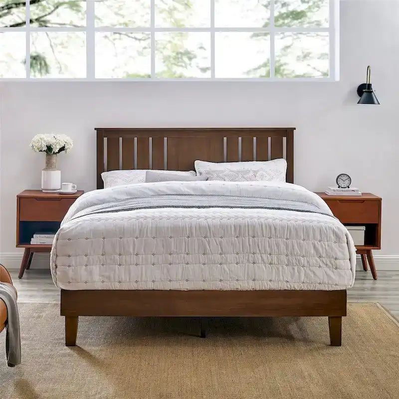 Mid-Century Modern Solid Wooden Platform Bed with Adjustable Height Headboard for Bedroom,Wood Slat Support