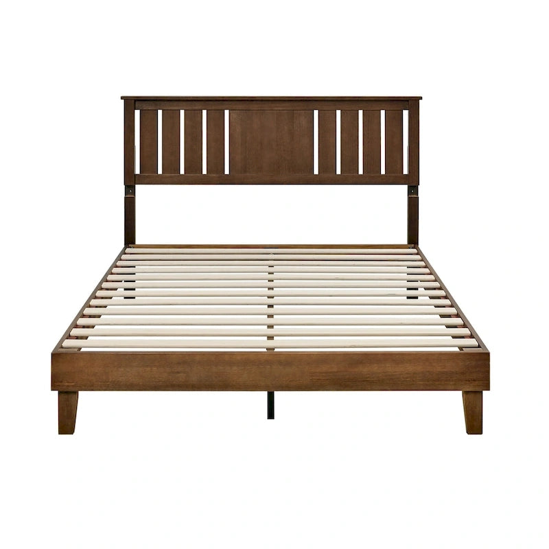 Mid-Century Modern Solid Wooden Platform Bed with Adjustable Height Headboard for Bedroom,Wood Slat Support