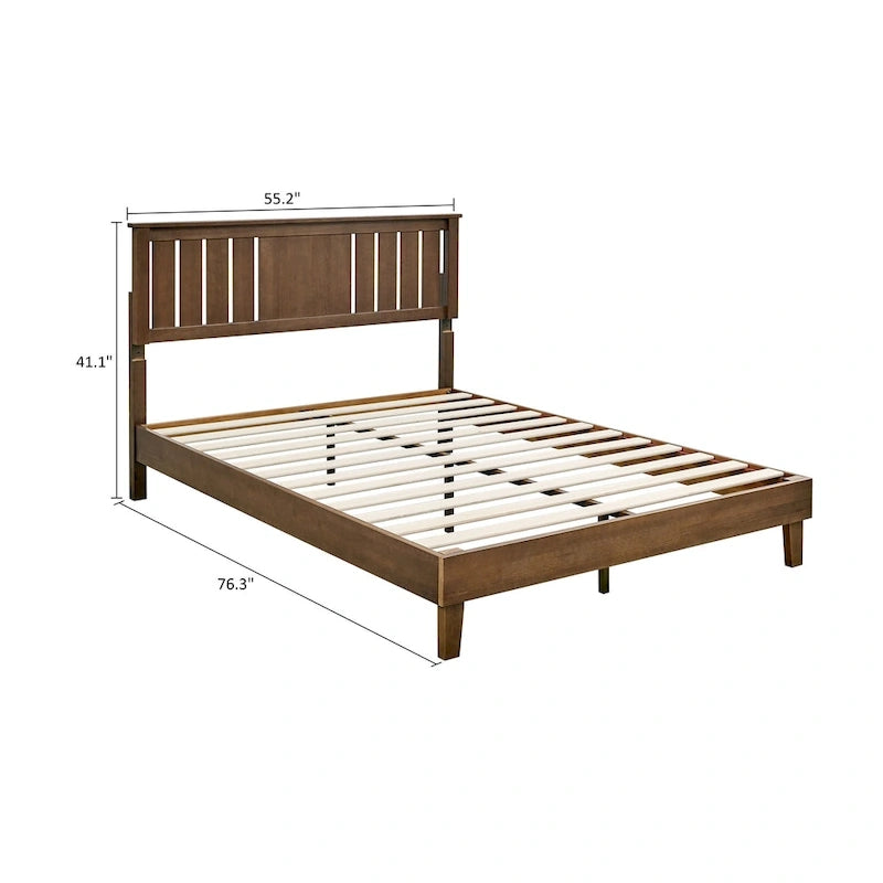 Mid-Century Modern Solid Wooden Platform Bed with Adjustable Height Headboard for Bedroom,Wood Slat Support