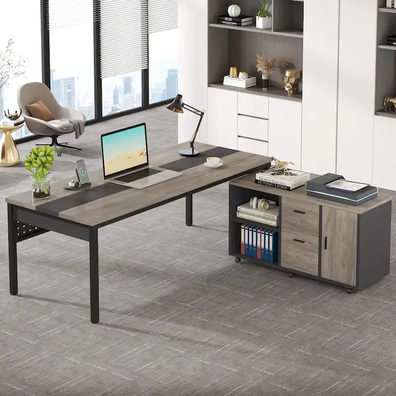 70.8 Inch L-shaped Computer Desk with Reversible File Drawer Cabinet, Executive Office Desk
