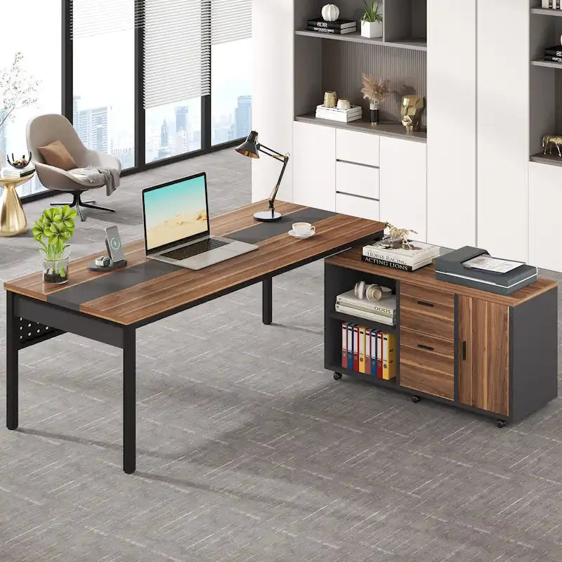 70.8 Inch L-shaped Computer Desk with Reversible File Drawer Cabinet, Executive Office Desk