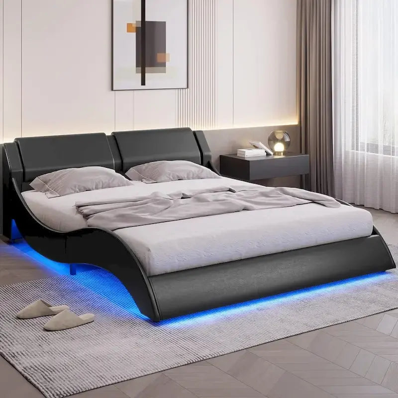 Queen Modern Upholstered Platform Bed Frame with LED Lights