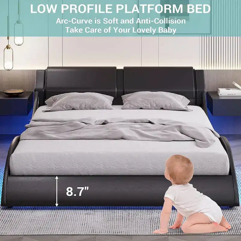 Queen Modern Upholstered Platform Bed Frame with LED Lights