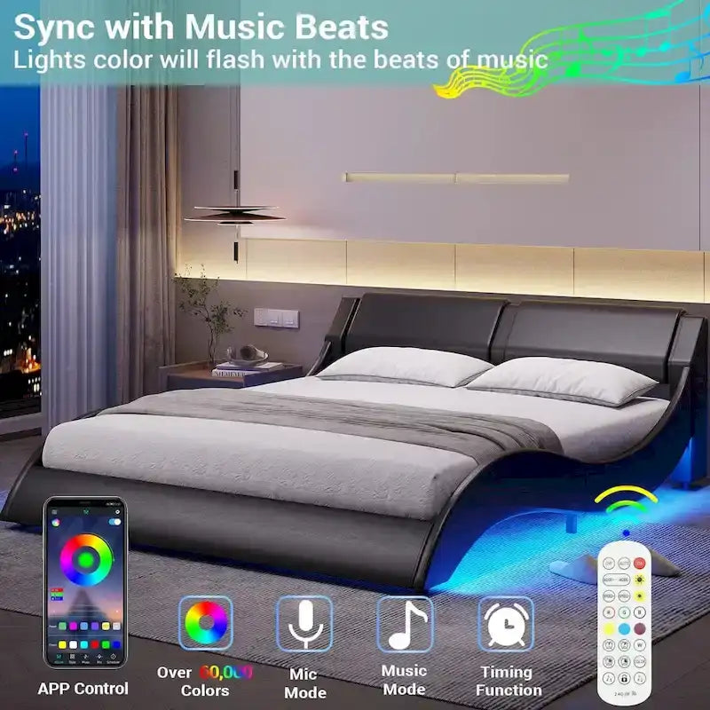 Queen Modern Upholstered Platform Bed Frame with LED Lights