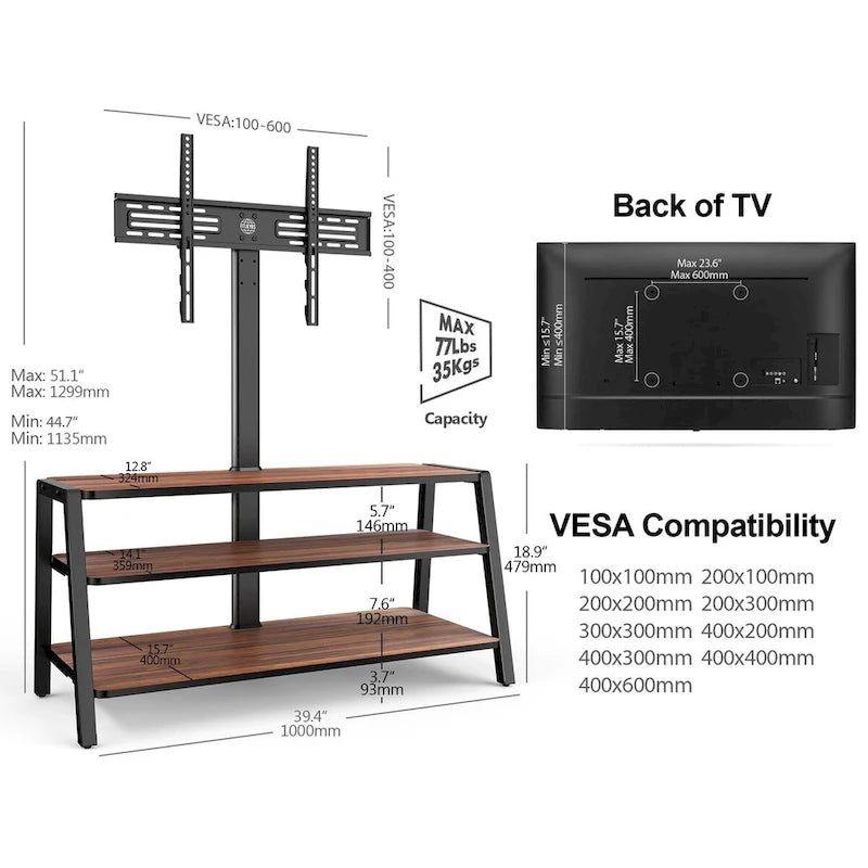 3-Tier Floor TV Stand with Mount for 37-70 Inch TVs, Walnut