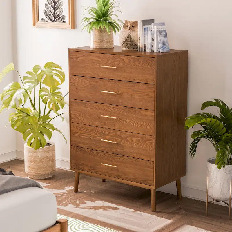Midcentury Walnut 5-Drawer Chest with Interlocking Drawers