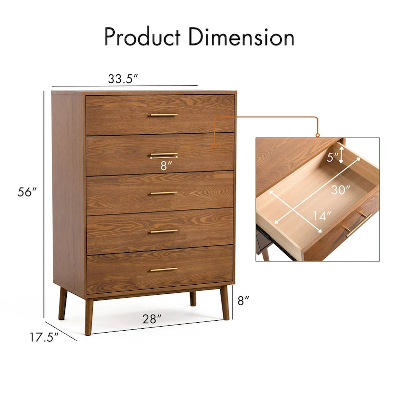 Midcentury Walnut 5-Drawer Chest with Interlocking Drawers