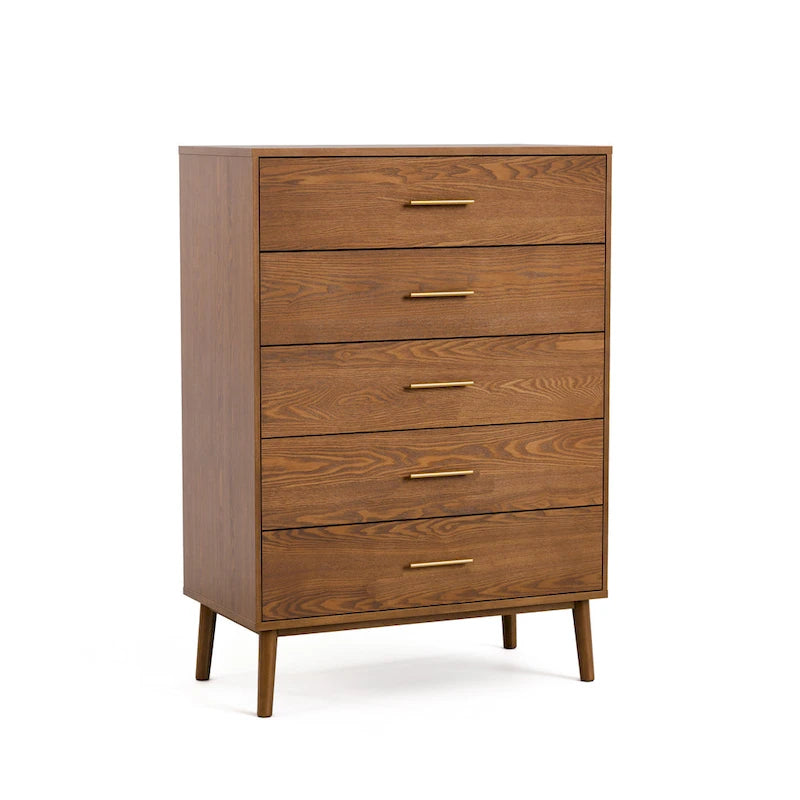Midcentury Walnut 5-Drawer Chest with Interlocking Drawers