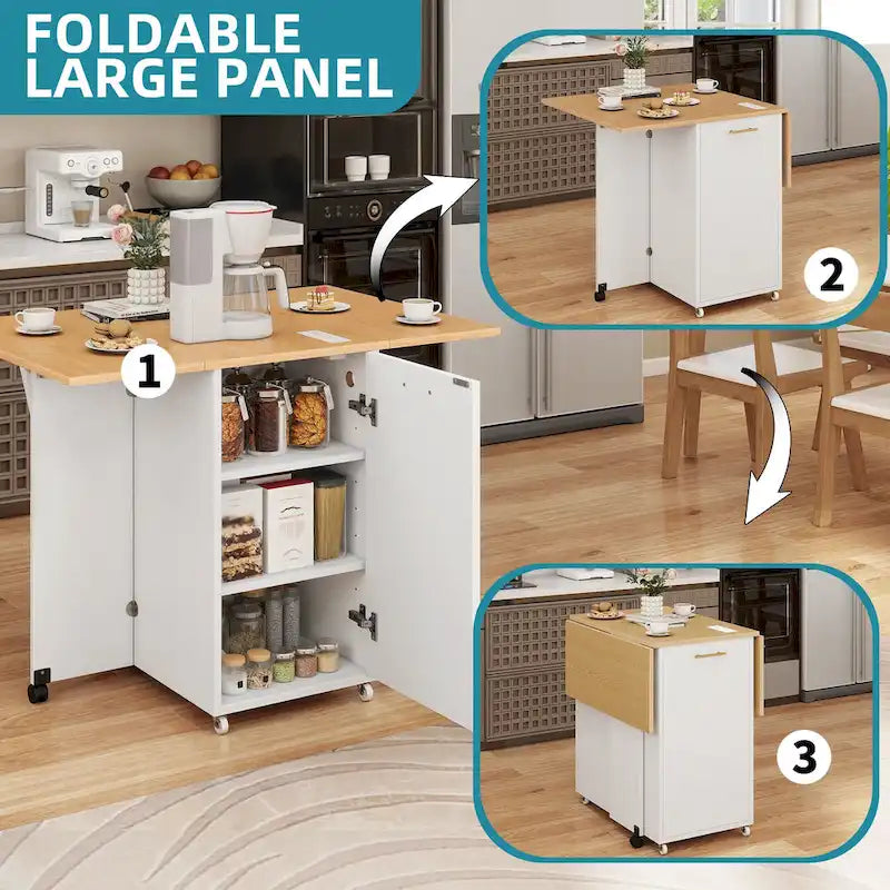 Foldable Kitchen Island With Trash Can Storage Cabinet